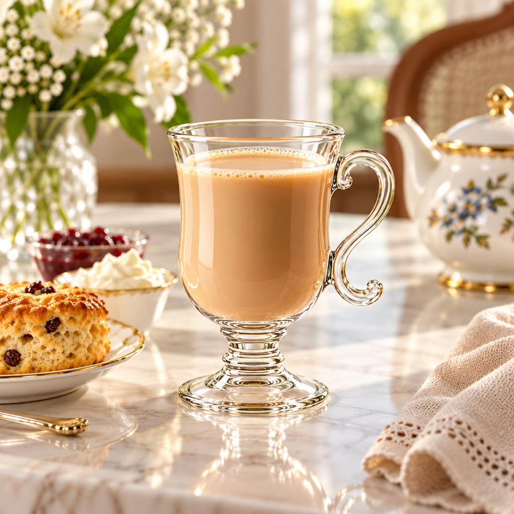 Footed glass mug styled with milk tea and scone
