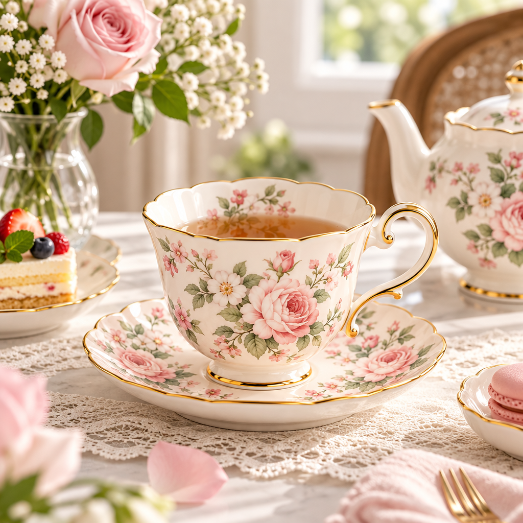 Blush rose teacup styled for afternoon tea