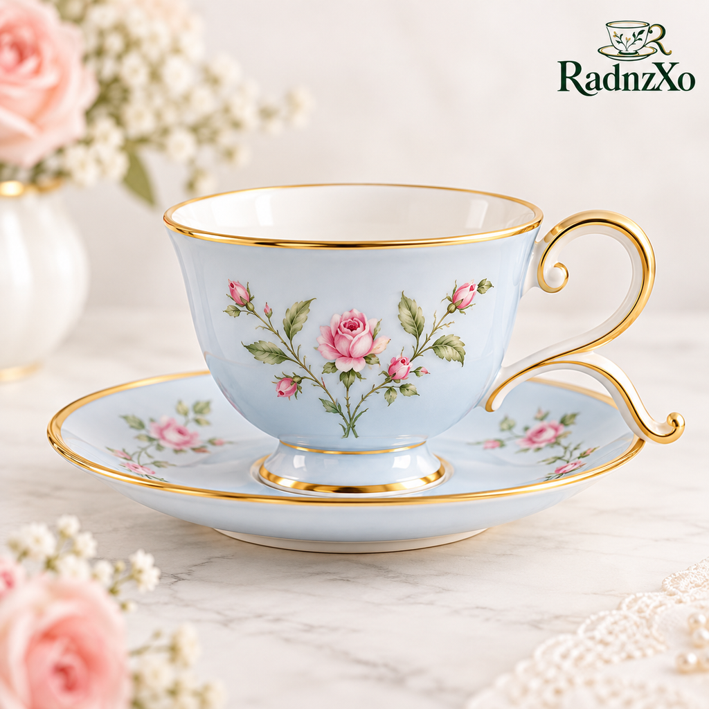 RadnzXo™ Powder Blue Rose Teacup & Saucer