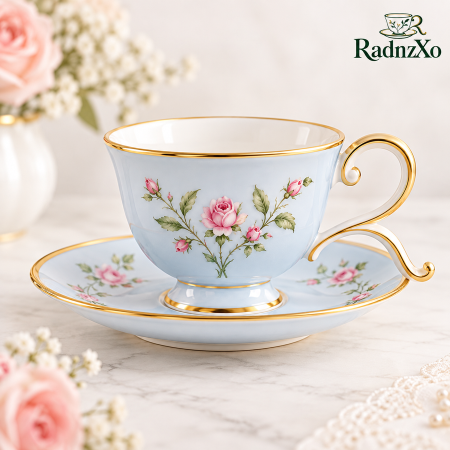 RadnzXo™ Powder Blue Rose Teacup & Saucer