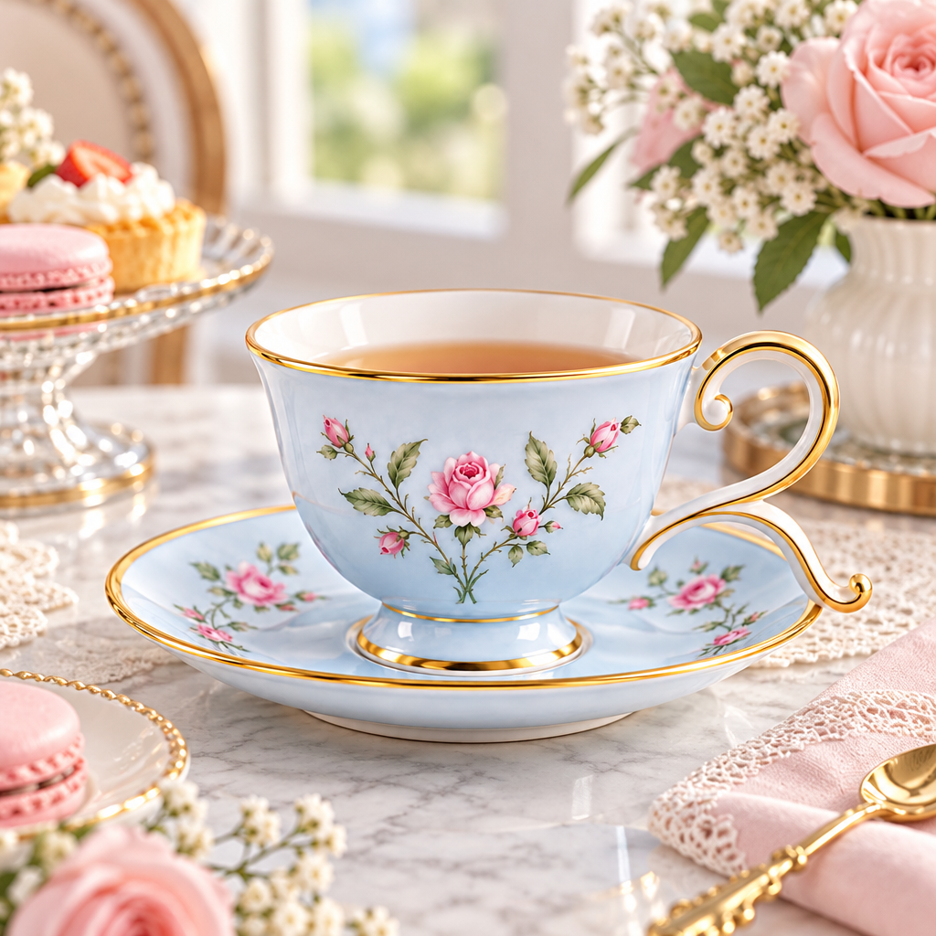Powder blue rose teacup styled with afternoon tea