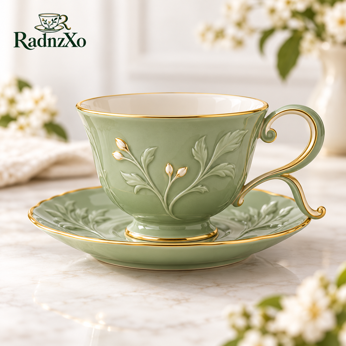 Sage Botanical Embossed Teacup and Saucer