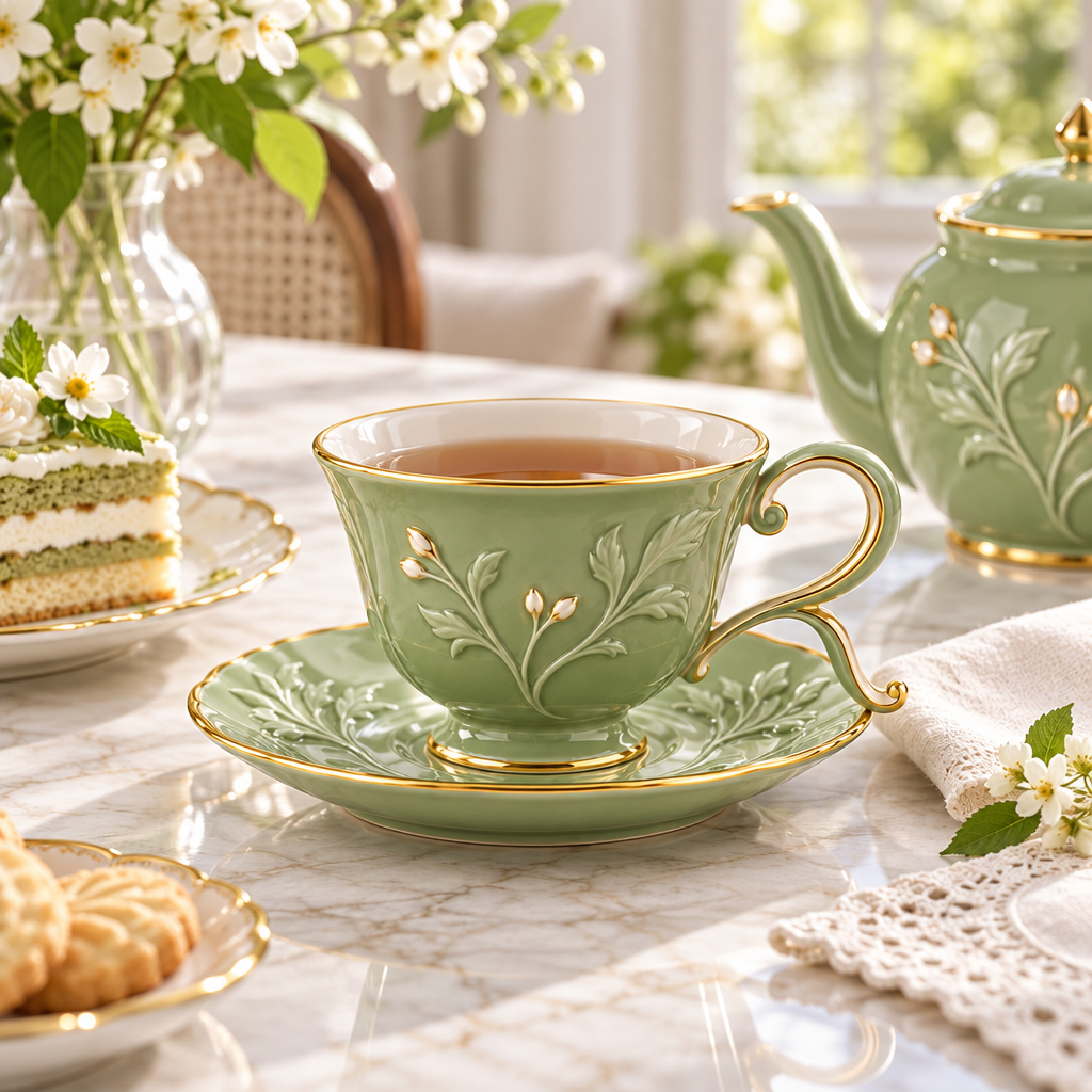 RadnzXo™ Sage Botanical Embossed Teacup & Saucer