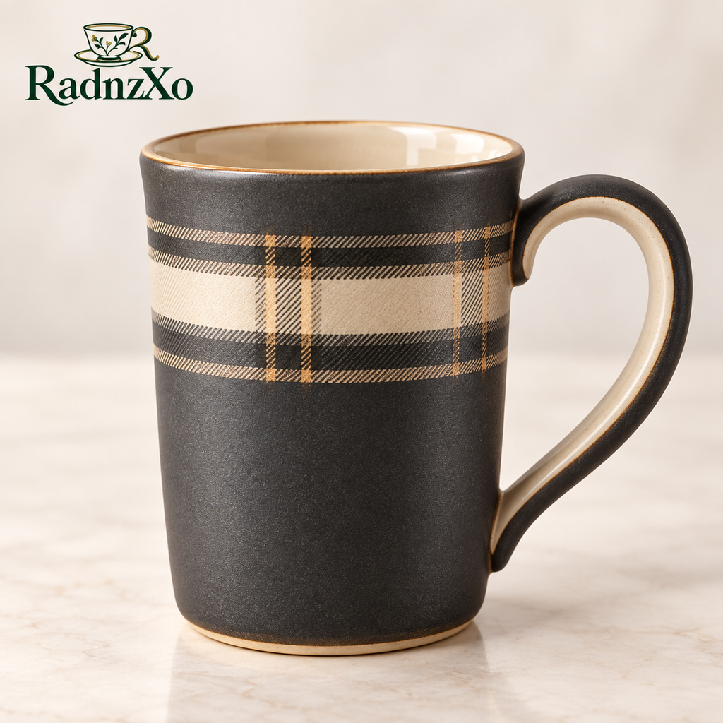 RadnzXo™ Charcoal Tartan Ceramic Mug