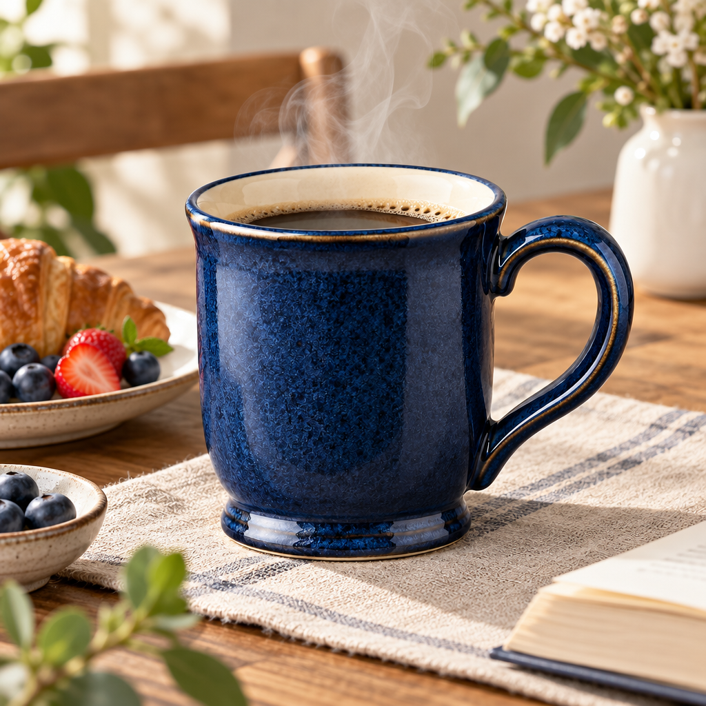 Deep navy mug styled with coffee and book