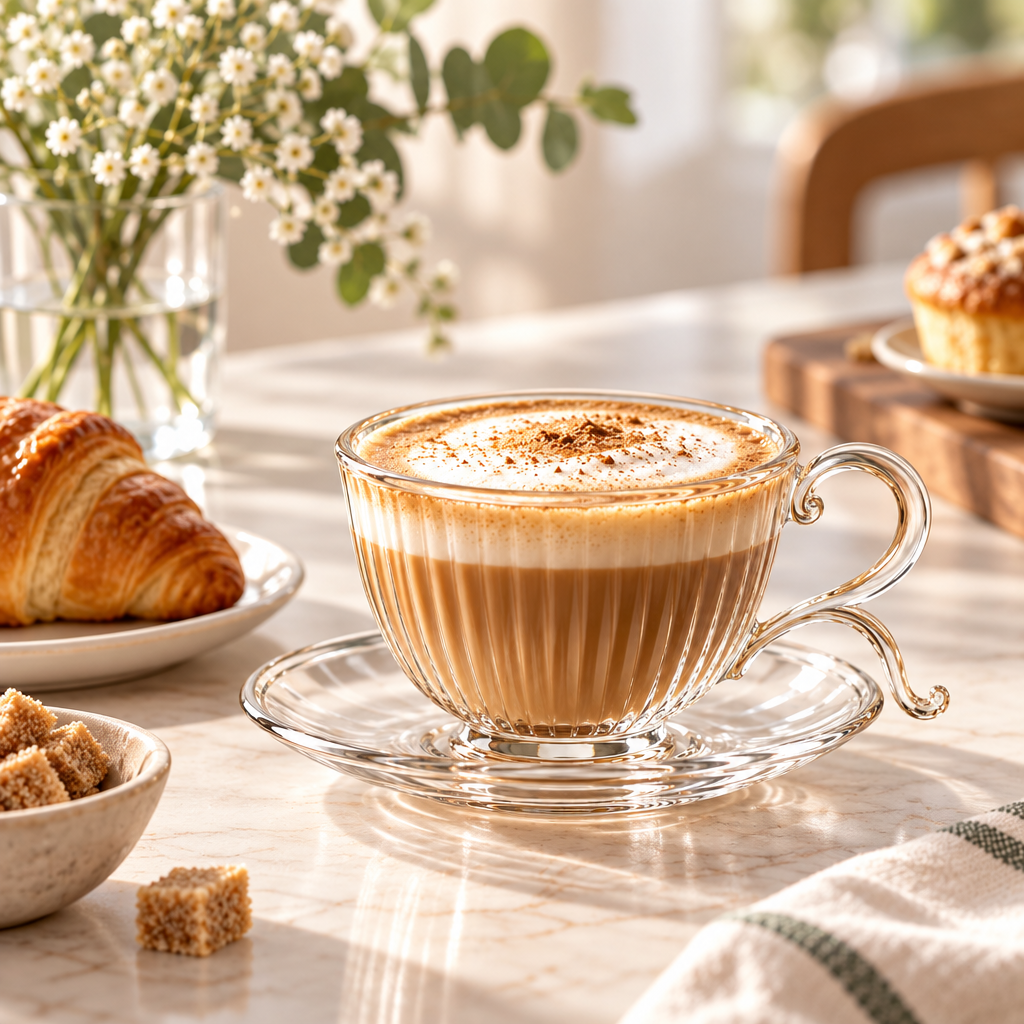 Ribbed glass cappuccino cup styled on breakfast table